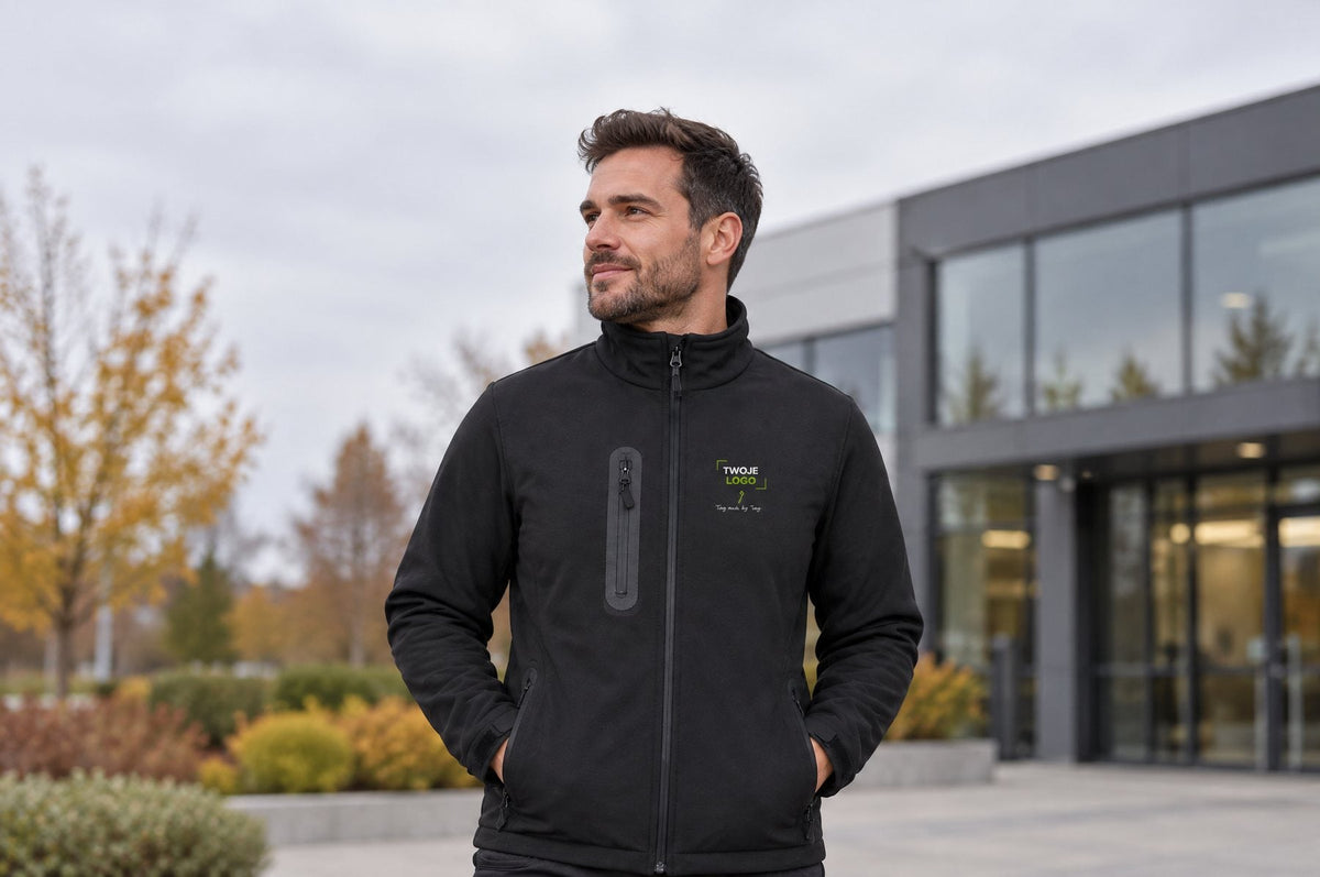 Mężczyzna w czarnym softshellu z logo na piersi