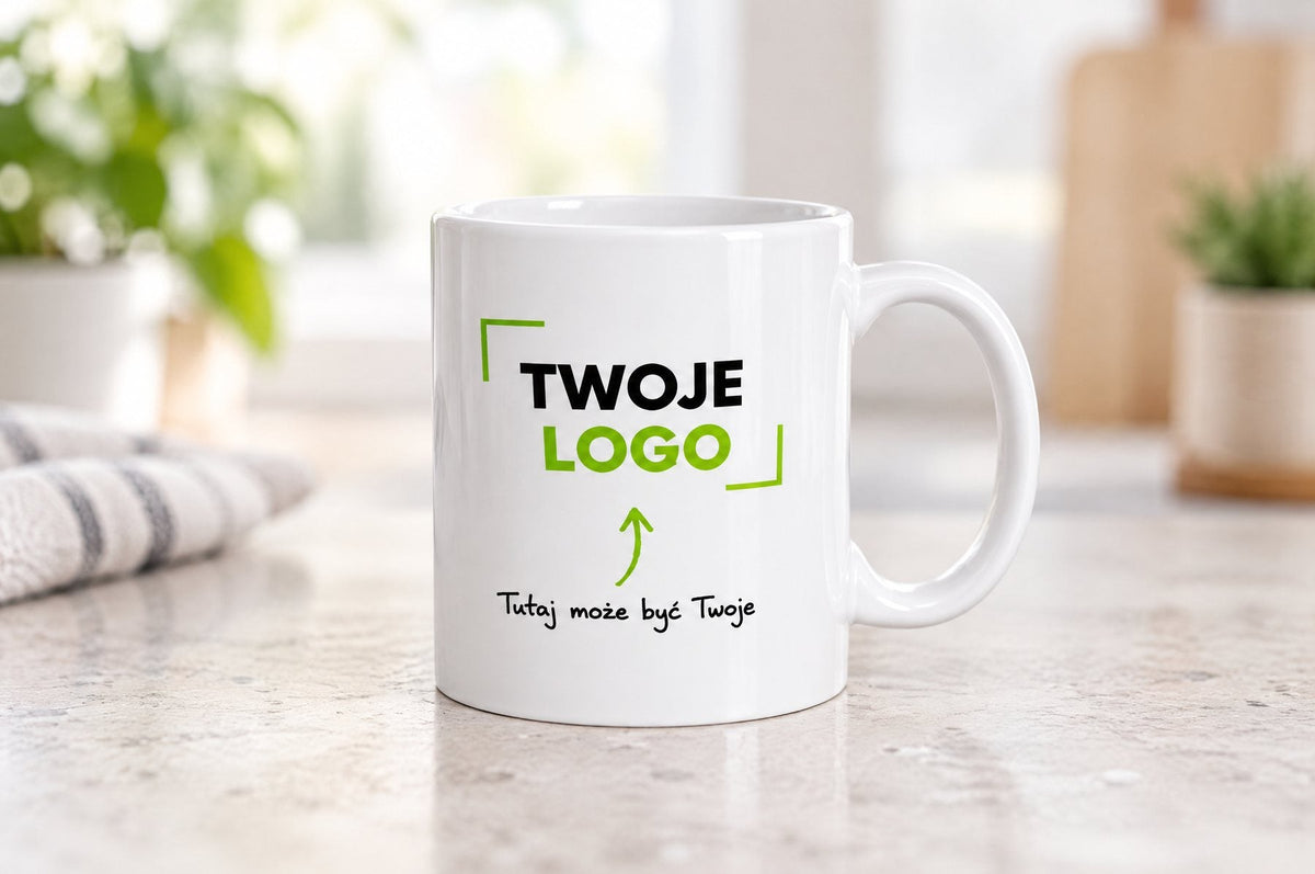 Biały kubek ceramiczny z kolorowym nadrukiem „Twoje logo”