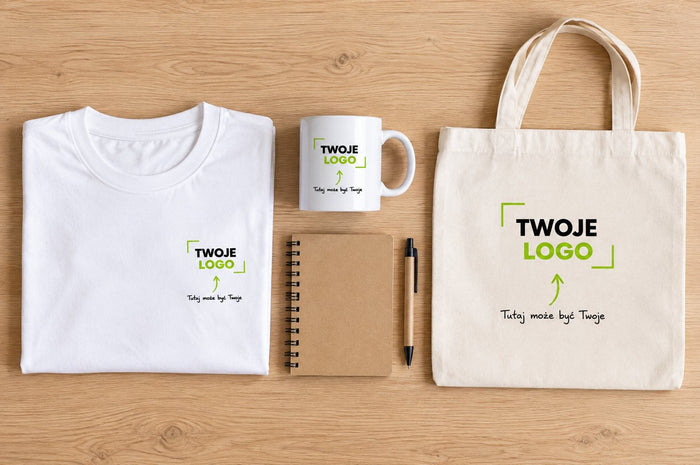 Welcome pack: koszulka, kubek i torba bawełniana z logo, notes i długopis