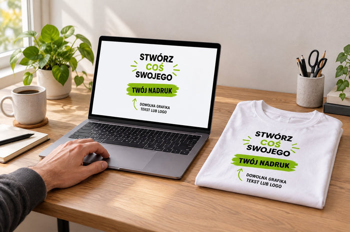 Laptop z projektem nadruku i złożona biała koszulka z tym samym wzorem