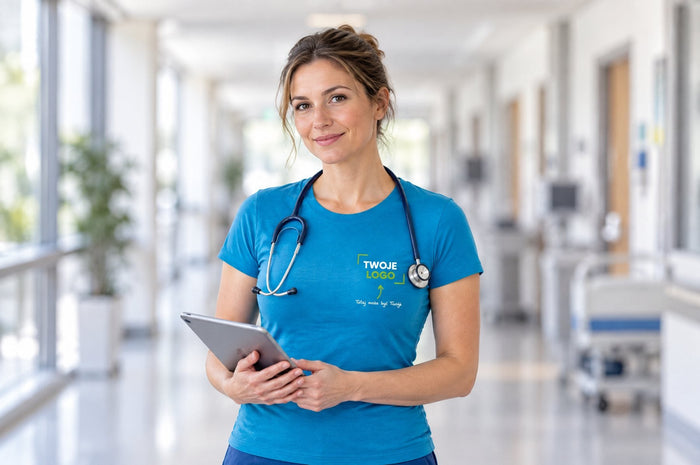 Pielęgniarka w niebieskiej koszulce z logo na szpitalnym korytarzu