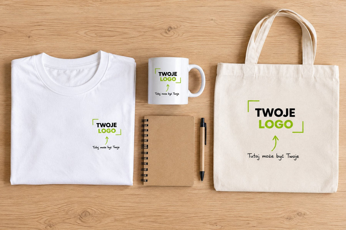 Welcome pack: koszulka, kubek i torba bawełniana z logo, notes i długopis