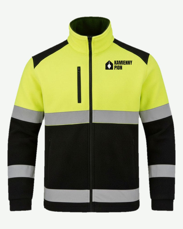Wizualizacja: polar męski JHK MOONTEX 450 HV NEOSTAR (kolor: gold fluor/black) z przykładowym logo fikcyjnej firmy budowlanej Kamienny Pion na piersi (haft).
