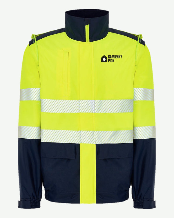 Wizualizacja: kurtka ocieplana z odpinanymi rękawami JHK HV08U01 (kolor: navy / gold fluor) z przykładowym logo fikcyjnej firmy budowlanej Kamienny Pion na piersi.