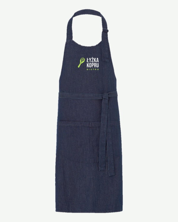Wizualizacja: fartuch JHK WKPARIS (kolor: jeans) z przykładowym logo fikcyjnego bistro Łyżka Kopru na przodzie.