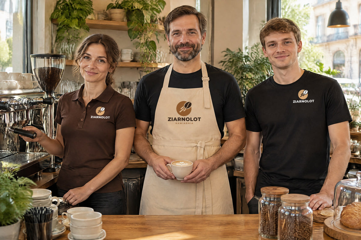 Wizualizacja AI: zespół fikcyjnej Kawiarni Ziarnolot przy ekspresie — baristka w czekoladowej koszulce polo damskiej JHK POPL 200, barista w czarnej koszulce MALFINI Classic New i beżowym fartuchu z napierśnikiem JHK WKPARIS oraz barista w czarnej koszulce MALFINI Classic New; przykładowe logo kawiarni na piersi i duże na napierśniku fartucha.