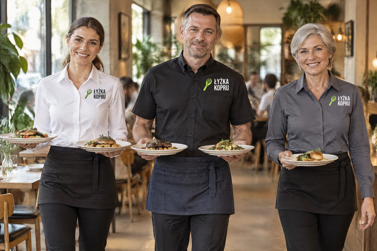 Wizualizacja AI: zespół fikcyjnego bistro Łyżka Kopru na sali — kelnerka w białej koszuli damskiej JHK SHL POP i czarnej zapasce JHK WKVENICE, kelner w czarnej koszuli z krótkim rękawem JHK SHA POPSS i jeansowej zapasce JHK WKVENICE oraz kelnerka w szarej koszuli JHK SHL POP i czarnej zapasce; przykładowe logo bistro na lewej piersi koszul, u kelnera nad kieszenią.