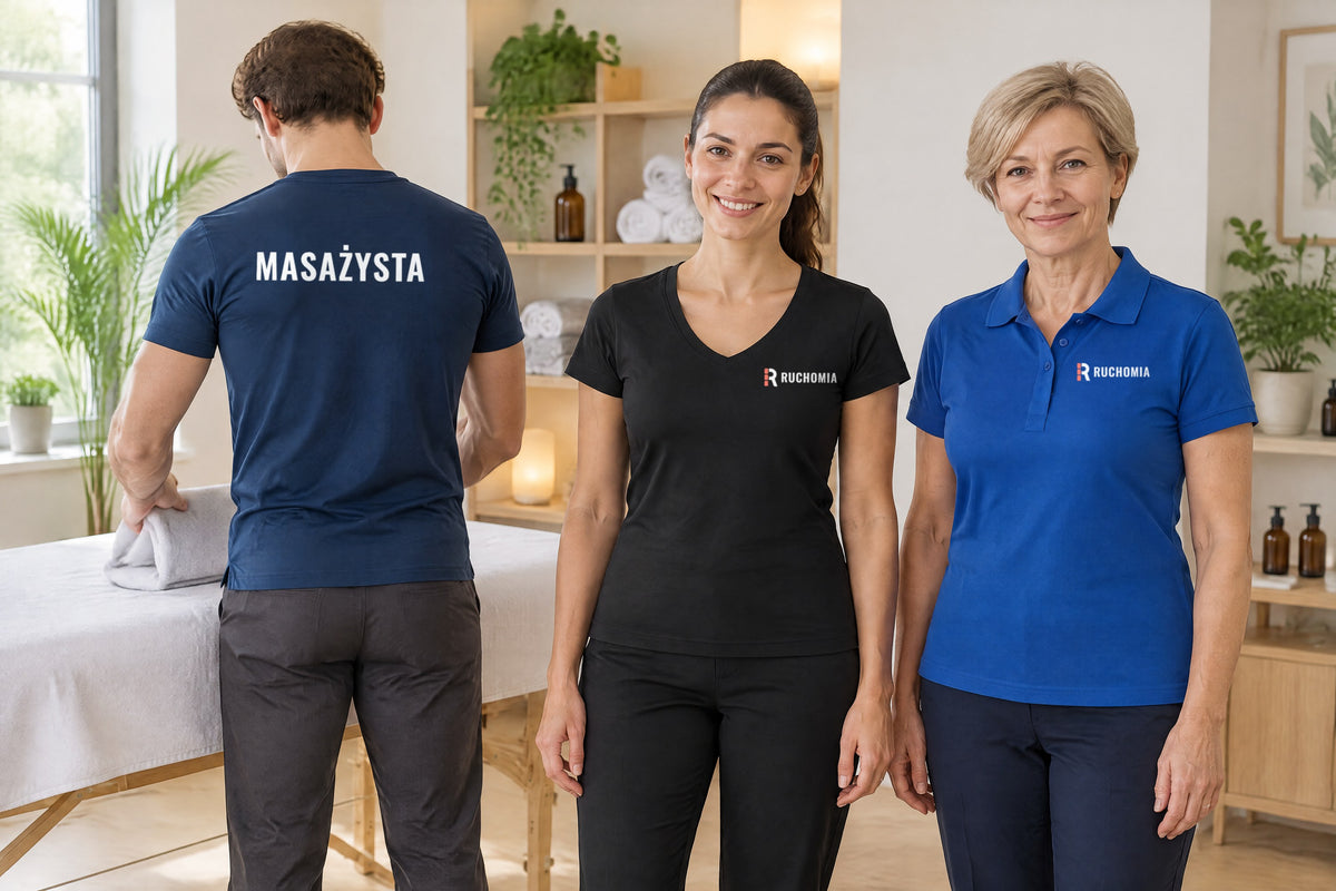 Wizualizacja AI: zespół fikcyjnego gabinetu fizjoterapii Ruchomia przy stole do masażu — masażysta tyłem w granatowej koszulce MALFINI Slim Fit V-neck z napisem MASAŻYSTA na plecach, kobieta w czarnej koszulce damskiej MALFINI Fit V-neck i kobieta w chabrowej koszulce polo damskiej JHK POPL 200 z przykładowym logo gabinetu na piersi.