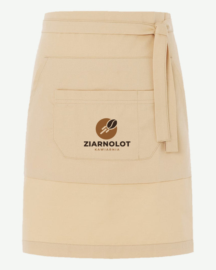 Wizualizacja: zapaska kelnerska JHK WKVIENNA (kolor: lime stone) z przykładowym logo fikcyjnej kawiarni Ziarnolot na przodzie.
