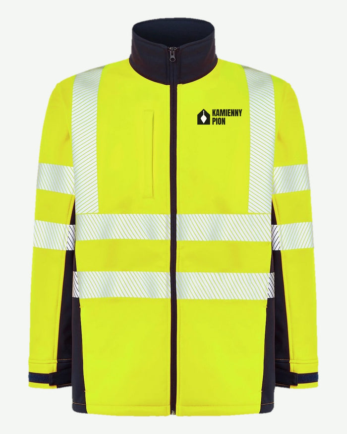 Wizualizacja: kurtka softshell JHK HV06U01 (kolor: navy / gold fluor) z przykładowym logo fikcyjnej firmy budowlanej Kamienny Pion na piersi.