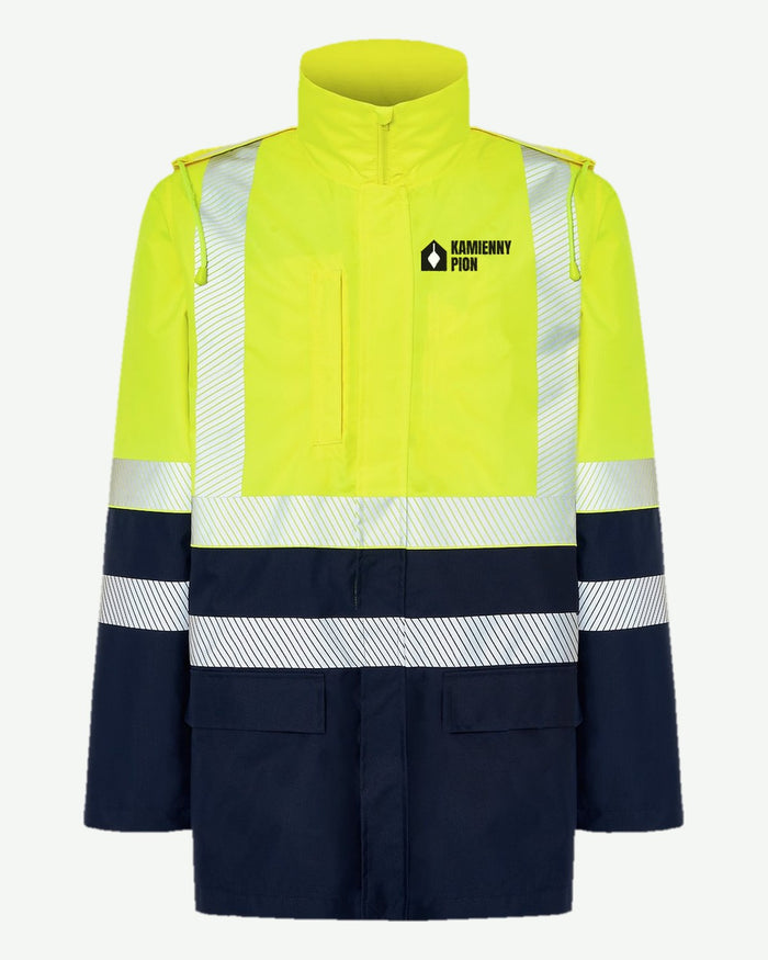 Wizualizacja: kurtka parka JHK HV10U00 (kolor: navy / gold fluor) z przykładowym logo fikcyjnej firmy budowlanej Kamienny Pion na piersi.
