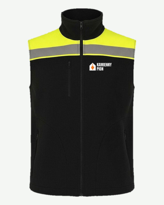 Wizualizacja: kamizelka męska JHK MOONTEX 410 HV NEOSTAR (kolor: black/gold fluor) z przykładowym logo fikcyjnej firmy budowlanej Kamienny Pion na piersi.