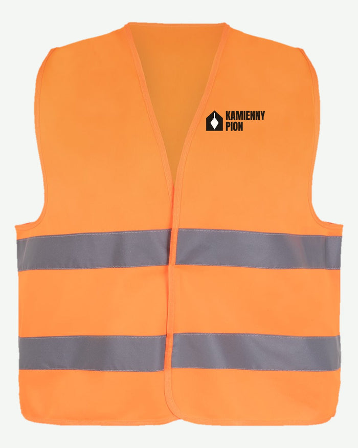 Wizualizacja: kamizelka JHK MOONTEX (kolor: pomarańczowy fluo) z przykładowym logo fikcyjnej firmy budowlanej Kamienny Pion na piersi.