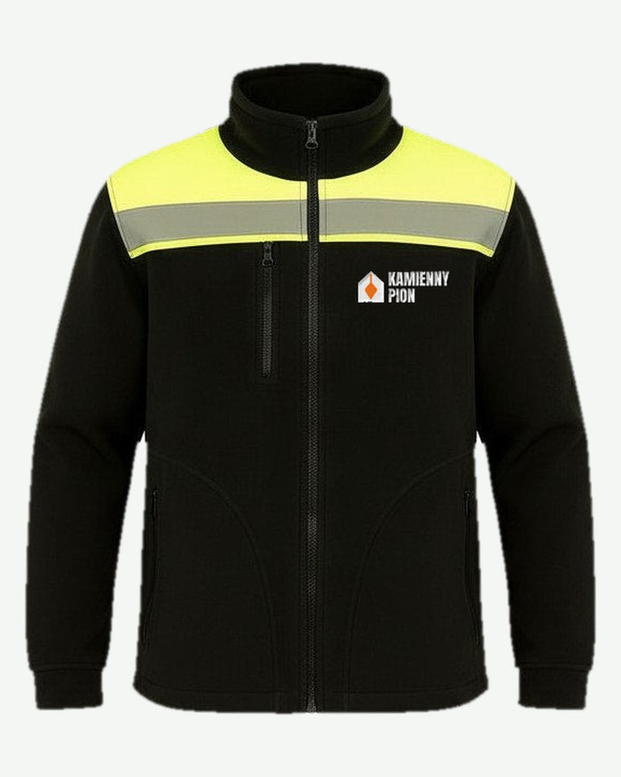 Wizualizacja: polar męski JHK MOONTEX 400 HV NEOSTAR (kolor: black/gold fluor) z przykładowym logo fikcyjnej firmy budowlanej Kamienny Pion na piersi (haft).