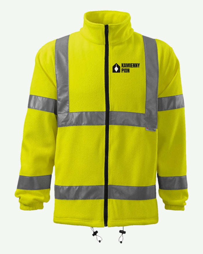 Wizualizacja: polar RIMECK HV Fleece Jacket (kolor: fluorescencyjny żółty) z przykładowym logo fikcyjnej firmy budowlanej Kamienny Pion na piersi (haft).
