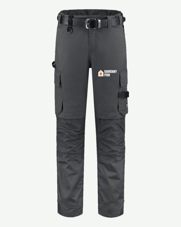 Wizualizacja: spodnie robocze Tricorp Work Pants Twill Cordura Stretch (kolor: ciemnoszary) z przykładowym logo fikcyjnej firmy budowlanej Kamienny Pion na nogawce.