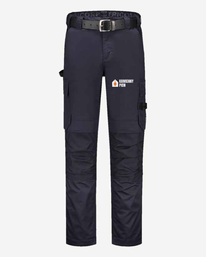 Wizualizacja: spodnie robocze Tricorp Work Pants Twill Cordura (kolor: granatowy) z przykładowym logo fikcyjnej firmy budowlanej Kamienny Pion na nogawce.