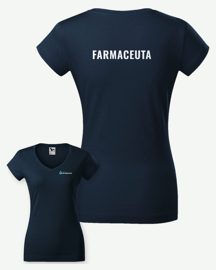 Wizualizacja: koszulka damska MALFINI Fit V-neck (kolor: granatowy) z przykładowym logo fikcyjnej apteki Pod Zimorodkiem na piersi i napisem FARMACEUTA na plecach.