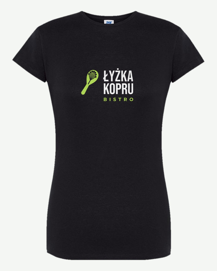 Wizualizacja: koszulka damska JHK TSRL CMF (kolor: czarny) z przykładowym logo fikcyjnego bistro Łyżka Kopru na przodzie.