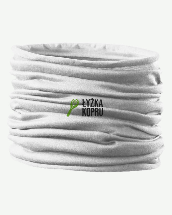 Wizualizacja: chusta MALFINI Twister (kolor: biały) z przykładowym logo fikcyjnego bistro Łyżka Kopru na przodzie.