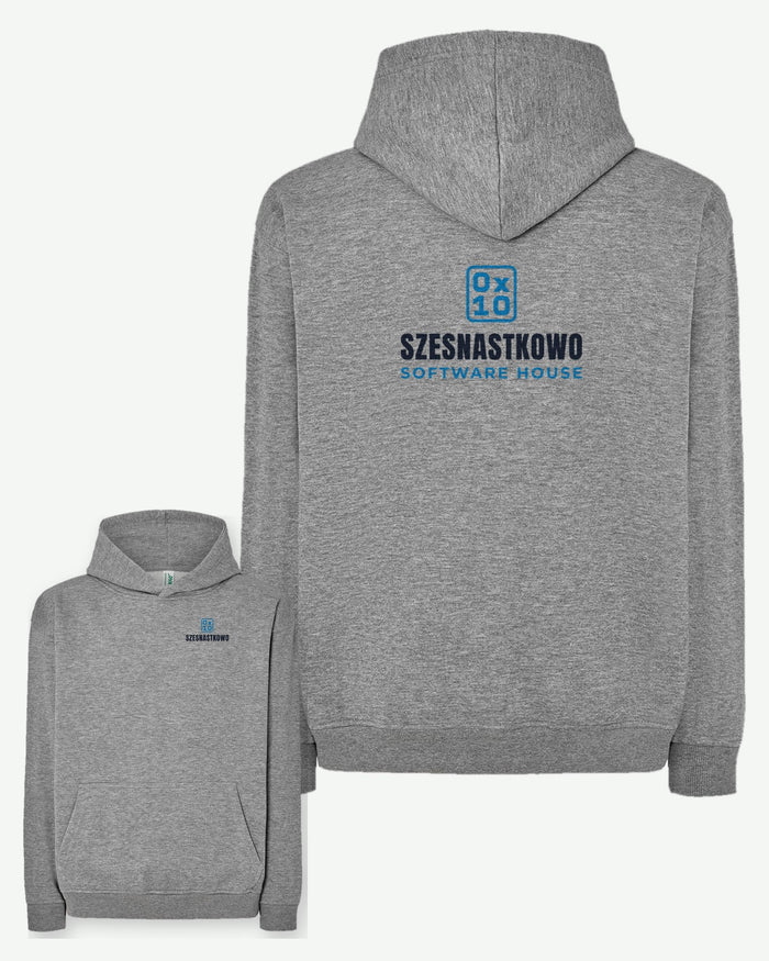 Wizualizacja: bluza męska JHK SWKNG OVER (kolor: szary melanż) z przykładowym logo fikcyjnego software house'u Szesnastkowo na piersi i dużym znakiem na plecach.