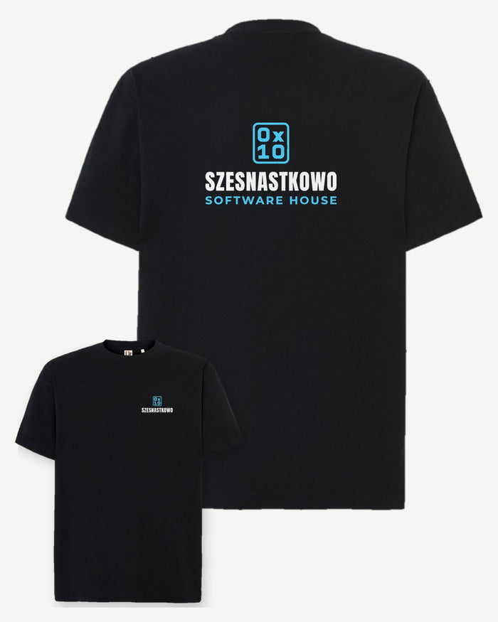Wizualizacja: koszulka JHK TSUAOVER240 (kolor: czarny) z przykładowym logo fikcyjnego software house'u Szesnastkowo na piersi i dużym znakiem na plecach.