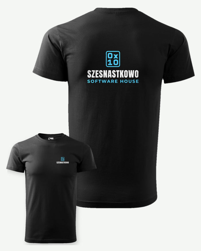 Wizualizacja: koszulka MALFINI Heavy New (kolor: czarny) z przykładowym logo fikcyjnego software house'u Szesnastkowo na piersi i dużym znakiem na plecach.