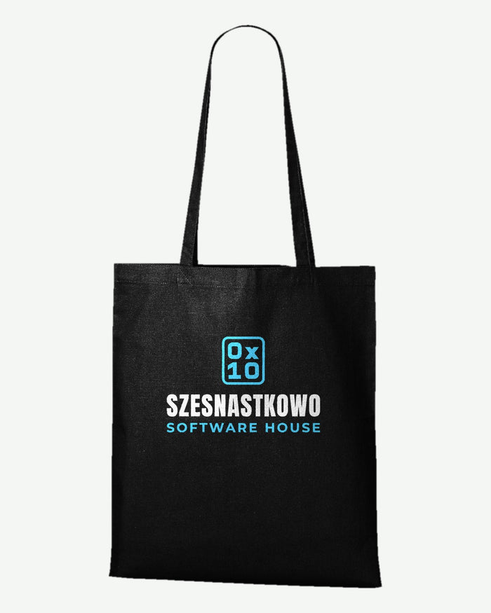 Wizualizacja: torba na zakupy MALFINI Shopper (kolor: czarny) z przykładowym logo fikcyjnego software house'u Szesnastkowo na przodzie.