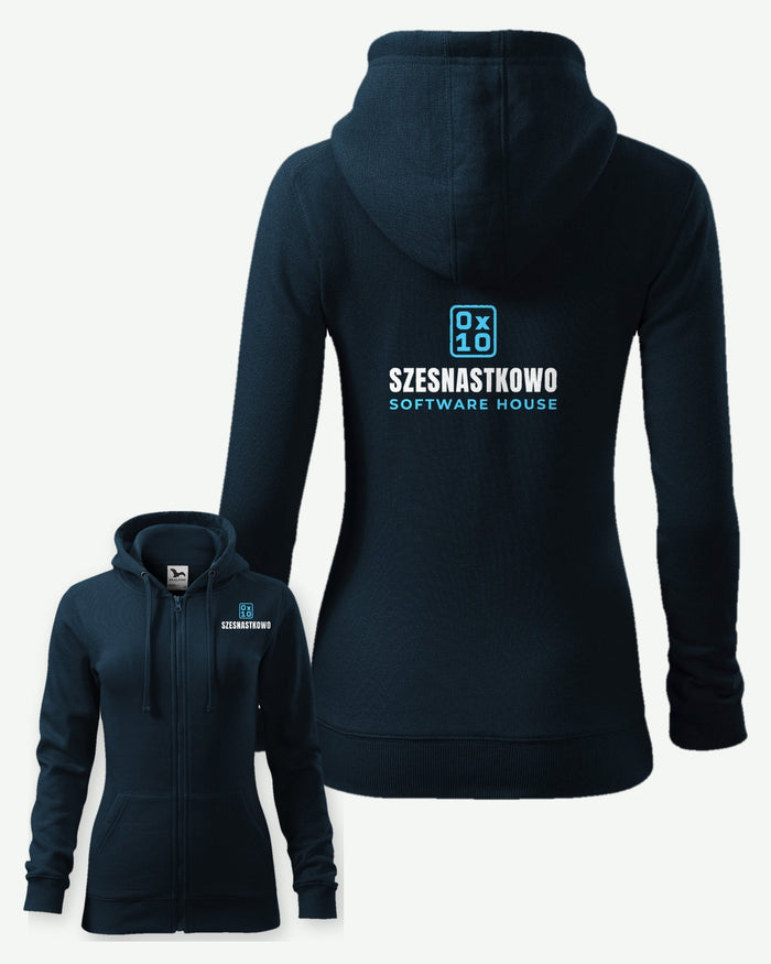 Wizualizacja: bluza damska MALFINI Trendy Zipper (kolor: granatowy) z przykładowym logo fikcyjnego software house'u Szesnastkowo na piersi i dużym znakiem na plecach.