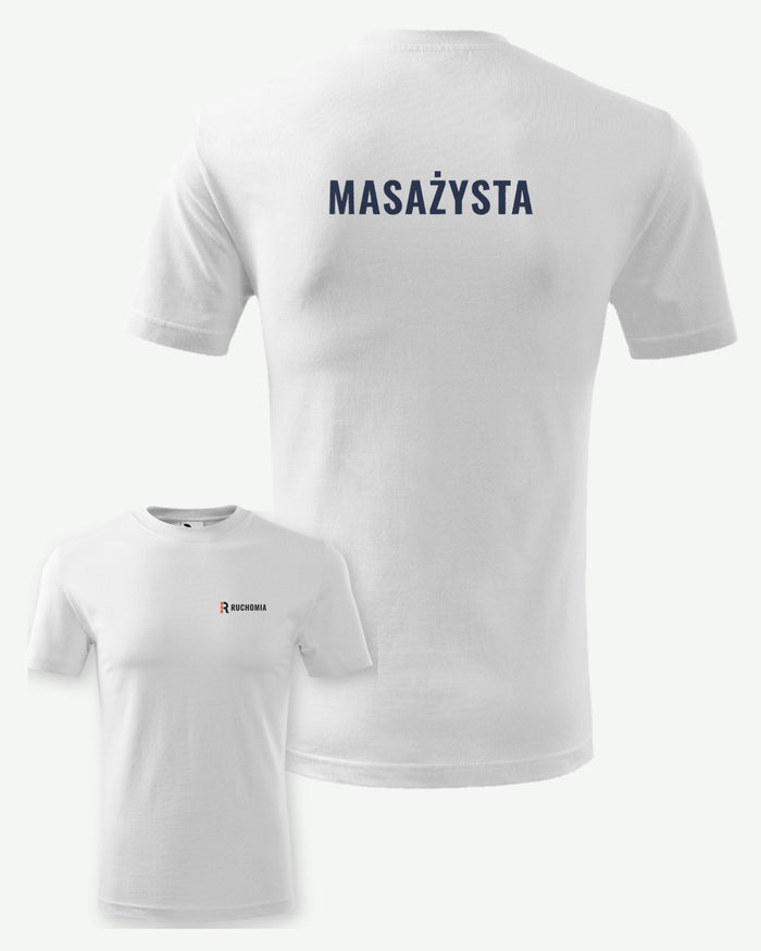 Wizualizacja: koszulka męska MALFINI Classic New (kolor: biały) z przykładowym logo fikcyjnego gabinetu fizjoterapii Ruchomia na piersi i napisem MASAŻYSTA na plecach.