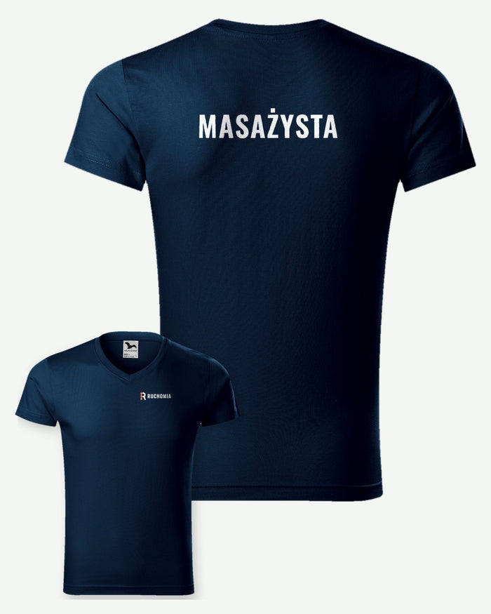 Wizualizacja: koszulka męska MALFINI Slim Fit V-neck (kolor: granatowy) z przykładowym logo fikcyjnego gabinetu fizjoterapii Ruchomia na piersi i napisem MASAŻYSTA na plecach.