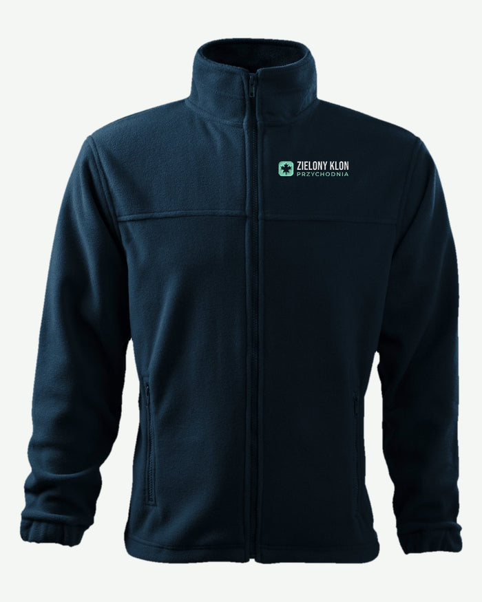 Wizualizacja: polar męski RIMECK Jacket (kolor: granatowy) z przykładowym logo fikcyjnej przychodni Zielony Klon na piersi (haft).