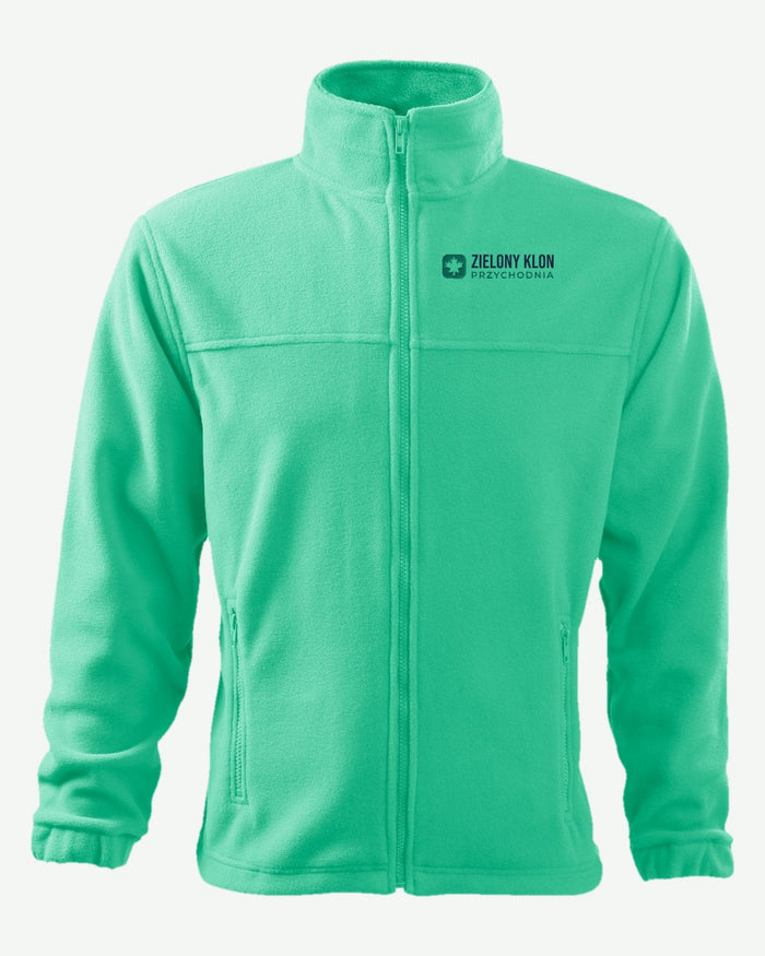 Wizualizacja: polar męski RIMECK Jacket (kolor: miętowy) z przykładowym logo fikcyjnej przychodni Zielony Klon na piersi (haft).