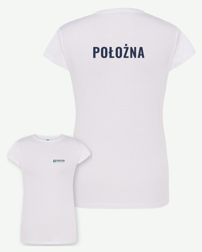 Wizualizacja: koszulka damska JHK TSRL CMF (kolor: biały) z przykładowym logo fikcyjnej przychodni Zielony Klon na piersi i napisem POŁOŻNA na plecach.