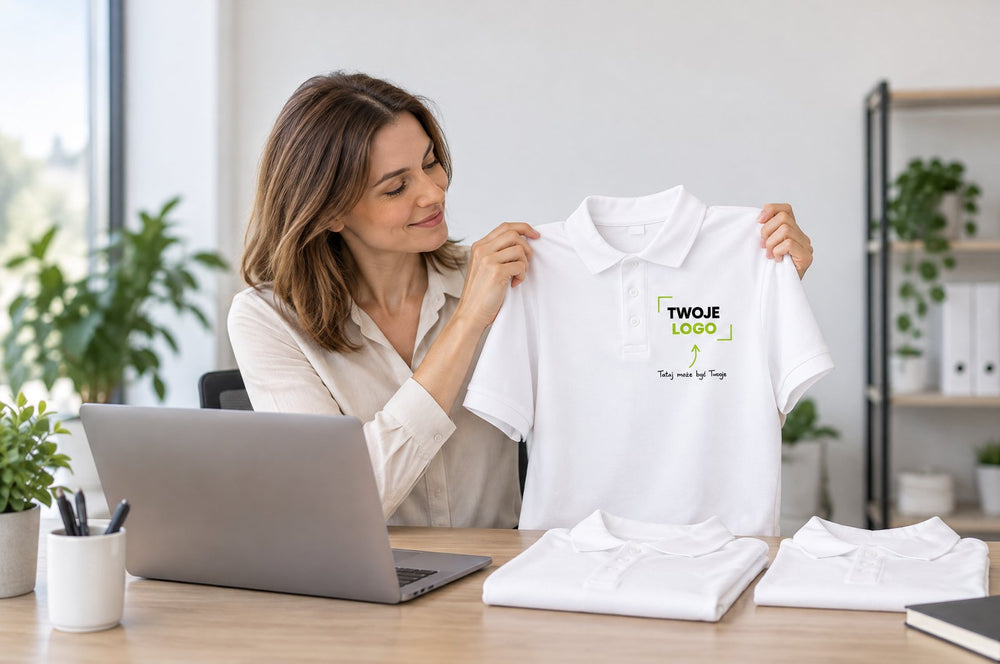 Kobieta przy biurku ogląda koszulkę polo z logo